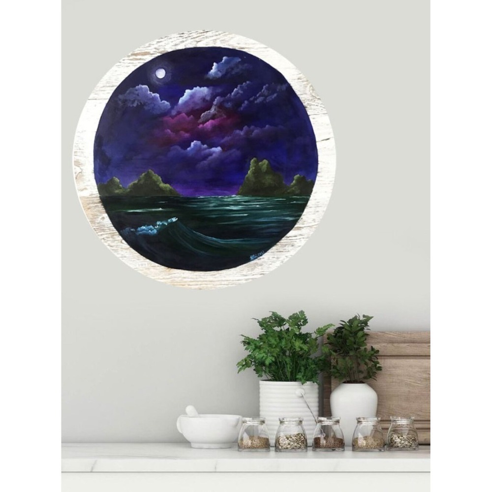 Purple Sky Painting on White Washed Barn Wood Round Wall Decor Art Ocean Sea